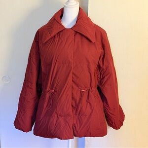 Red Oversized Wool and Goose Down Puffer Jacket with Adjustable Belt Straps